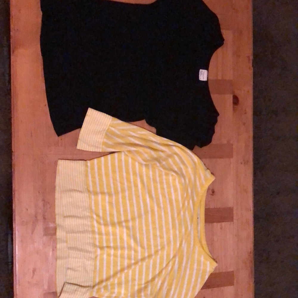 2 yellow and black t-shirts